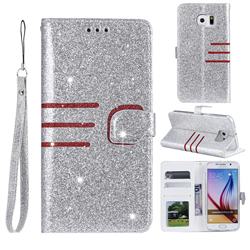 Retro Stitching Glitter Leather Wallet Phone Case for Samsung Galaxy S6 G920 - Silver