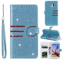 Retro Stitching Glitter Leather Wallet Phone Case for Samsung Galaxy S6 G920 - Blue