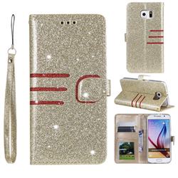 Retro Stitching Glitter Leather Wallet Phone Case for Samsung Galaxy S6 G920 - Golden