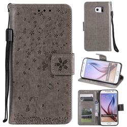 Embossing Cherry Blossom Cat Leather Wallet Case for Samsung Galaxy S6 G920 - Gray