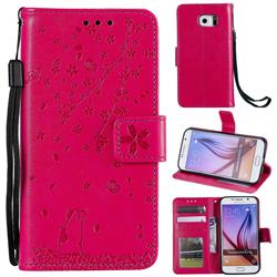 Embossing Cherry Blossom Cat Leather Wallet Case for Samsung Galaxy S6 G920 - Rose
