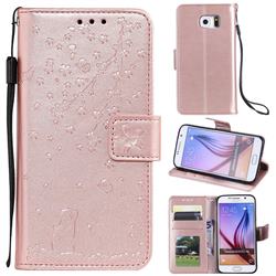 Embossing Cherry Blossom Cat Leather Wallet Case for Samsung Galaxy S6 G920 - Rose Gold
