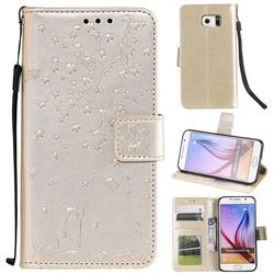 Embossing Cherry Blossom Cat Leather Wallet Case for Samsung Galaxy S6 G920 - Golden