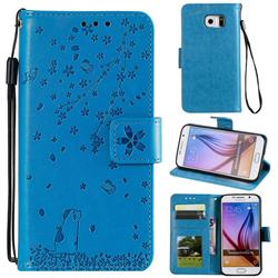 Embossing Cherry Blossom Cat Leather Wallet Case for Samsung Galaxy S6 G920 - Blue
