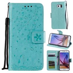 Embossing Cherry Blossom Cat Leather Wallet Case for Samsung Galaxy S6 G920 - Green