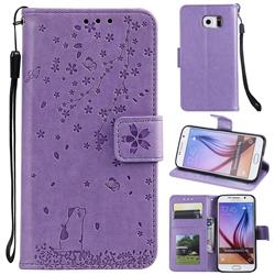 Embossing Cherry Blossom Cat Leather Wallet Case for Samsung Galaxy S6 G920 - Purple