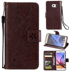 Embossing Cherry Blossom Cat Leather Wallet Case for Samsung Galaxy S6 G920 - Brown