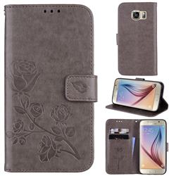 Embossing Rose Flower Leather Wallet Case for Samsung Galaxy S6 G920 - Grey