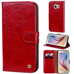 Luxury Retro Oil Wax PU Leather Wallet Phone Case for Samsung Galaxy S6 G920 - Brown Red