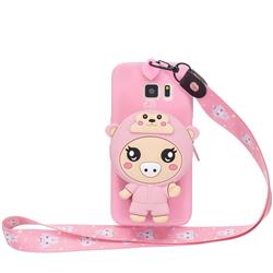 Pink Pig Neck Lanyard Zipper Wallet Silicone Case for Samsung Galaxy S6 Edge G925