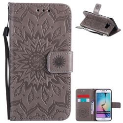 Embossing Sunflower Leather Wallet Case for Samsung Galaxy S6 Edge G925 - Gray