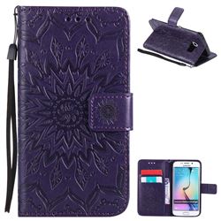 Embossing Sunflower Leather Wallet Case for Samsung Galaxy S6 Edge G925 - Purple