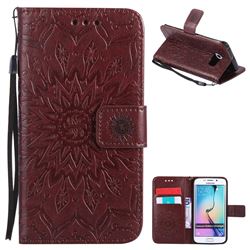 Embossing Sunflower Leather Wallet Case for Samsung Galaxy S6 Edge G925 - Brown
