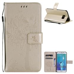 Embossing Butterfly Tree Leather Wallet Case for Samsung Galaxy S6 Edge G925 - Champagne
