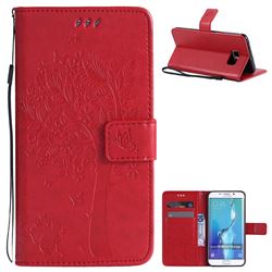 Embossing Butterfly Tree Leather Wallet Case for Samsung Galaxy S6 Edge G925 - Red