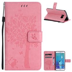 Embossing Butterfly Tree Leather Wallet Case for Samsung Galaxy S6 Edge G925 - Pink