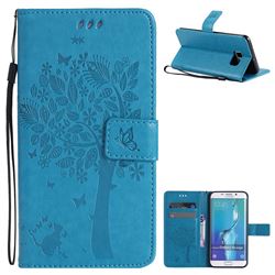 Embossing Butterfly Tree Leather Wallet Case for Samsung Galaxy S6 Edge G925 - Blue