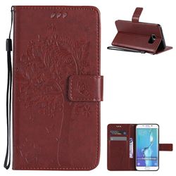 Embossing Butterfly Tree Leather Wallet Case for Samsung Galaxy S6 Edge G925 - Brown
