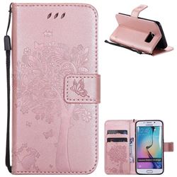 Embossing Butterfly Tree Leather Wallet Case for Samsung Galaxy S6 Edge G925 - Rose Pink
