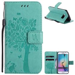 Embossing Butterfly Tree Leather Wallet Case for Samsung Galaxy S6 Edge G925 - Cyan