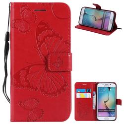 Embossing 3D Butterfly Leather Wallet Case for Samsung Galaxy S6 Edge G925 - Red
