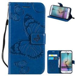 Embossing 3D Butterfly Leather Wallet Case for Samsung Galaxy S6 Edge G925 - Blue