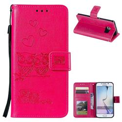 Embossing Owl Couple Flower Leather Wallet Case for Samsung Galaxy S6 Edge G925 - Red