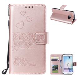 Embossing Owl Couple Flower Leather Wallet Case for Samsung Galaxy S6 Edge G925 - Rose Gold
