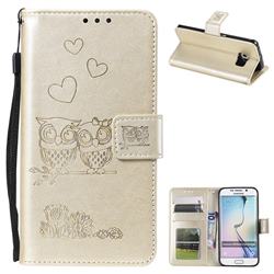 Embossing Owl Couple Flower Leather Wallet Case for Samsung Galaxy S6 Edge G925 - Golden