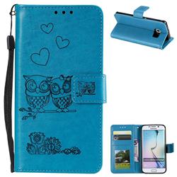 Embossing Owl Couple Flower Leather Wallet Case for Samsung Galaxy S6 Edge G925 - Blue