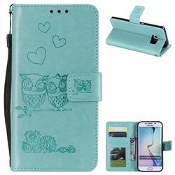 Embossing Owl Couple Flower Leather Wallet Case for Samsung Galaxy S6 Edge G925 - Green