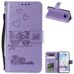 Embossing Owl Couple Flower Leather Wallet Case for Samsung Galaxy S6 Edge G925 - Purple