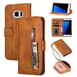 Retro Calfskin Zipper Leather Wallet Case Cover for Samsung Galaxy S6 Edge G925 - Brown