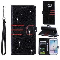 Retro Stitching Glitter Leather Wallet Phone Case for Samsung Galaxy S6 Edge G925 - Black