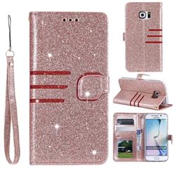 Retro Stitching Glitter Leather Wallet Phone Case for Samsung Galaxy S6 Edge G925 - Rose Gold