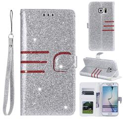Retro Stitching Glitter Leather Wallet Phone Case for Samsung Galaxy S6 Edge G925 - Silver