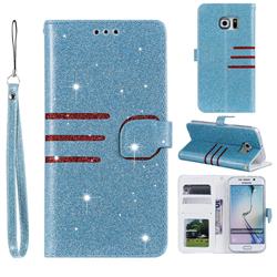 Retro Stitching Glitter Leather Wallet Phone Case for Samsung Galaxy S6 Edge G925 - Blue