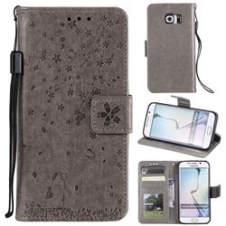 Embossing Cherry Blossom Cat Leather Wallet Case for Samsung Galaxy S6 Edge G925 - Gray