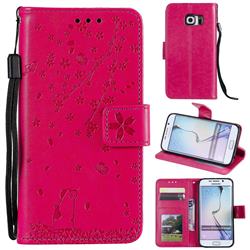 Embossing Cherry Blossom Cat Leather Wallet Case for Samsung Galaxy S6 Edge G925 - Rose