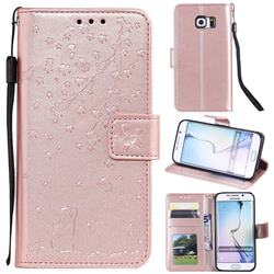Embossing Cherry Blossom Cat Leather Wallet Case for Samsung Galaxy S6 Edge G925 - Rose Gold
