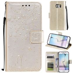 Embossing Cherry Blossom Cat Leather Wallet Case for Samsung Galaxy S6 Edge G925 - Golden