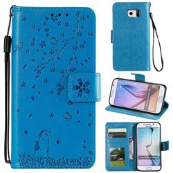 Embossing Cherry Blossom Cat Leather Wallet Case for Samsung Galaxy S6 Edge G925 - Blue