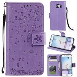 Embossing Cherry Blossom Cat Leather Wallet Case for Samsung Galaxy S6 Edge G925 - Purple