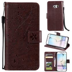 Embossing Cherry Blossom Cat Leather Wallet Case for Samsung Galaxy S6 Edge G925 - Brown