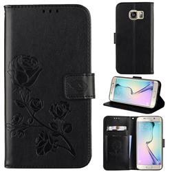 Embossing Rose Flower Leather Wallet Case for Samsung Galaxy S6 Edge G925 - Black