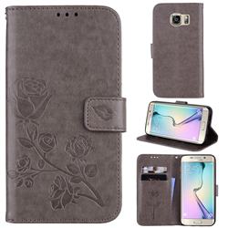 Embossing Rose Flower Leather Wallet Case for Samsung Galaxy S6 Edge G925 - Grey