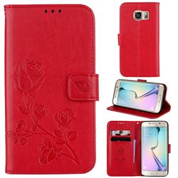 Embossing Rose Flower Leather Wallet Case for Samsung Galaxy S6 Edge G925 - Red