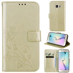 Embossing Rose Flower Leather Wallet Case for Samsung Galaxy S6 Edge G925 - Golden