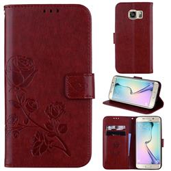 Embossing Rose Flower Leather Wallet Case for Samsung Galaxy S6 Edge G925 - Brown