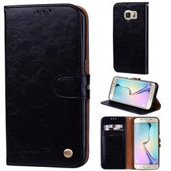 Luxury Retro Oil Wax PU Leather Wallet Phone Case for Samsung Galaxy S6 Edge G925 - Deep Black